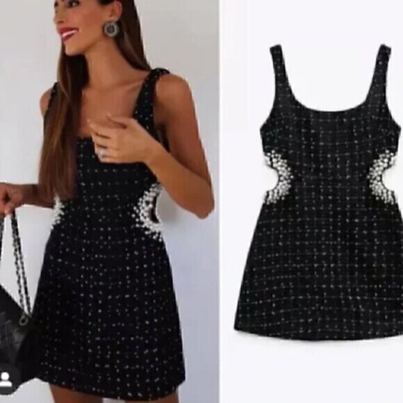 Black Texture Tweed  Weave Cutout Mini Dress With Faux Pearls L - Picture 2 of 16